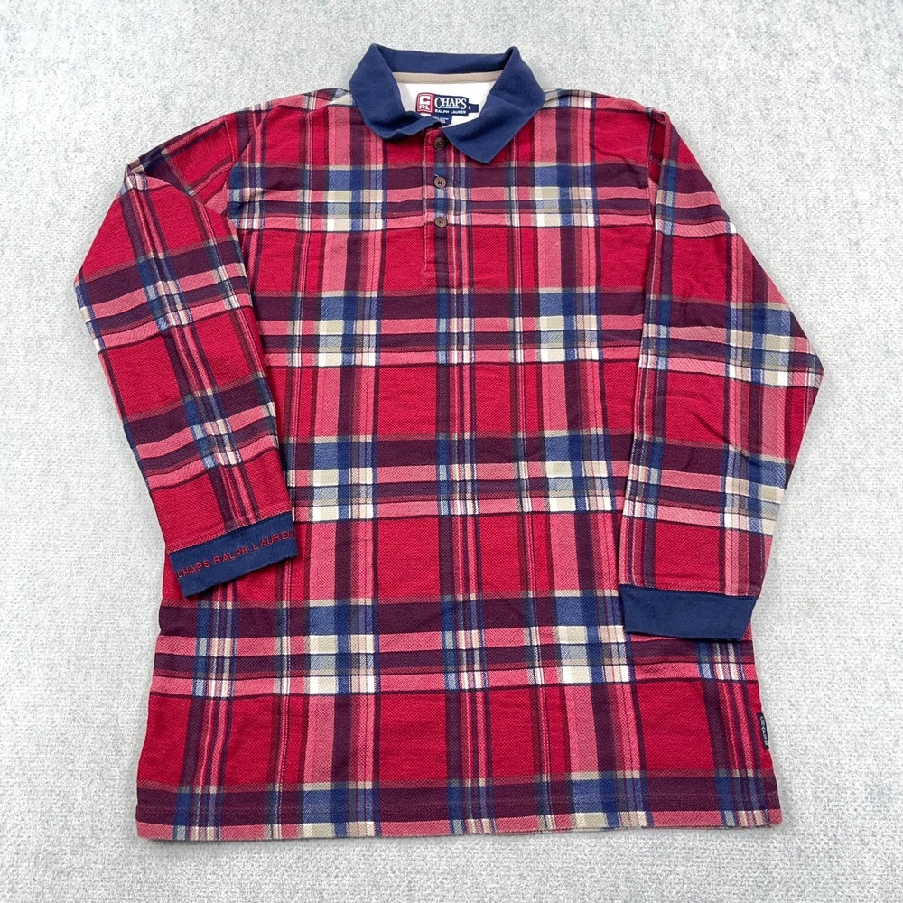 Vintage Chaps Ralph Lauren Polo Shirt Men Large Red Blue Plaid Long Sleeve 90s